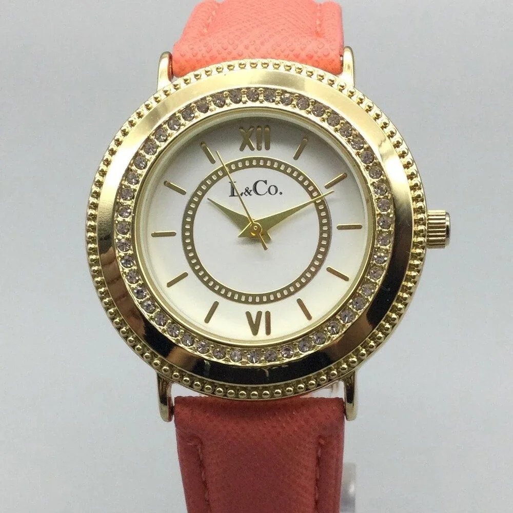 L&Co Womens Watch 36mm White Dial Gold Tone Pink Strap Crystals New Battery